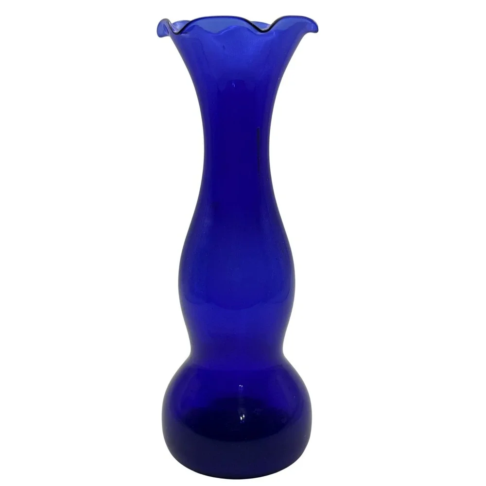 Vintage Cobalt Blue Glass Bud Vase Ruffled Rim Hourglass 8 inch Mid Century